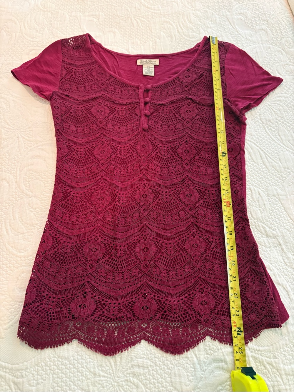 Lucky Brand Crimson Red Crochet Scoop Neck Short Sleeve Top